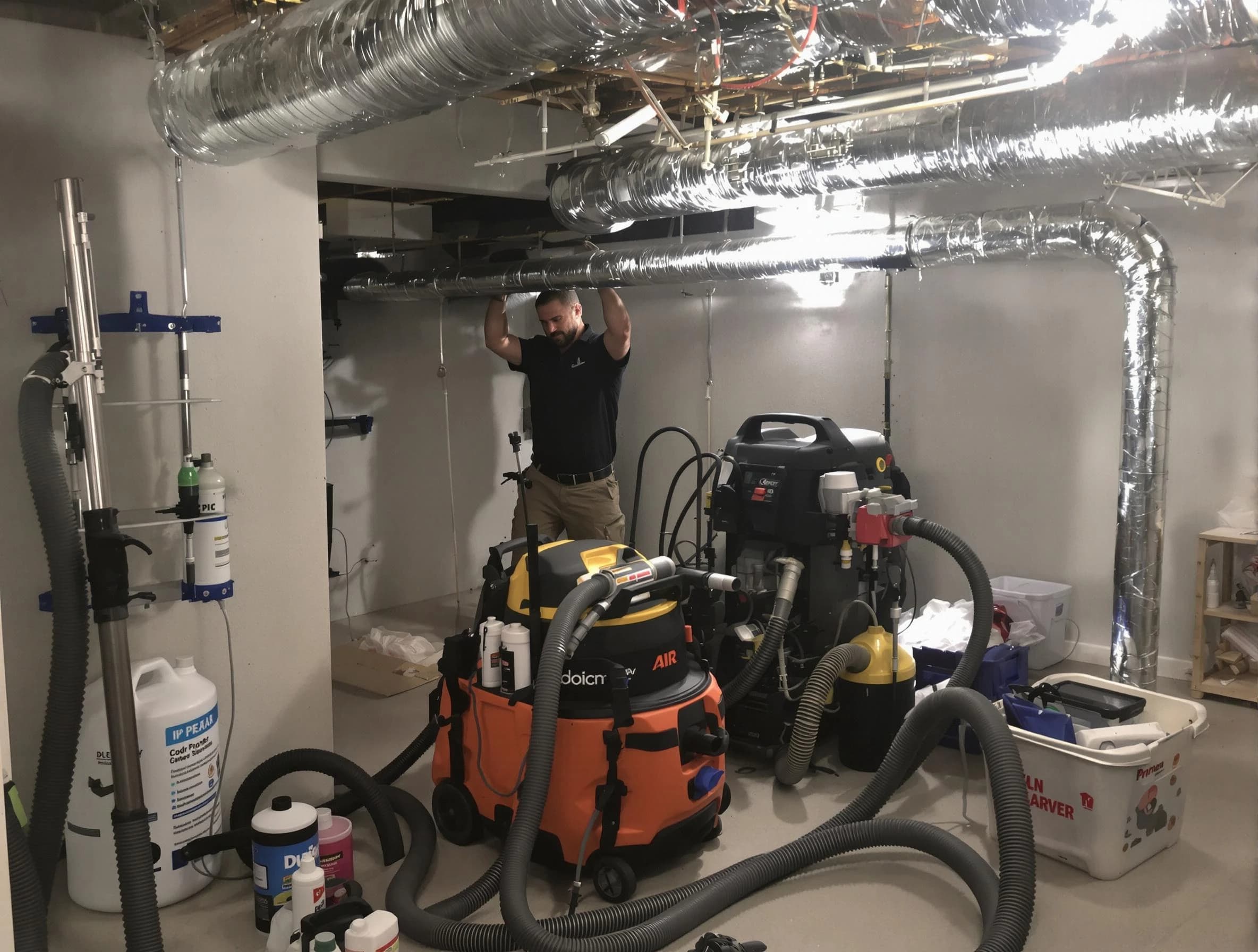 Westminster Air Duct Cleaning specialist performing professional mold removal from air ducts using safety equipment in Westminster